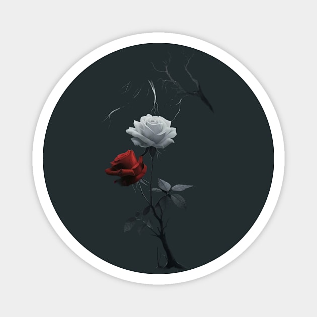 Created Artwork of Two Roses one Red and one White Growing from a Single Dark Stem with Leaves Magnet by animegirlnft